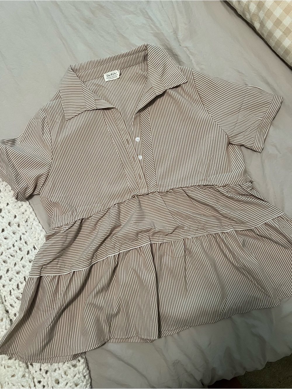Striped Short Sleeve Peplum Top in Taupe & White (Nursing-Friendly / Postpartum)